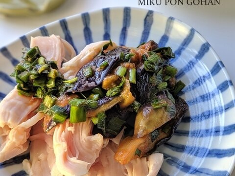 サラダチキン（茹で鶏）のなすニラソース